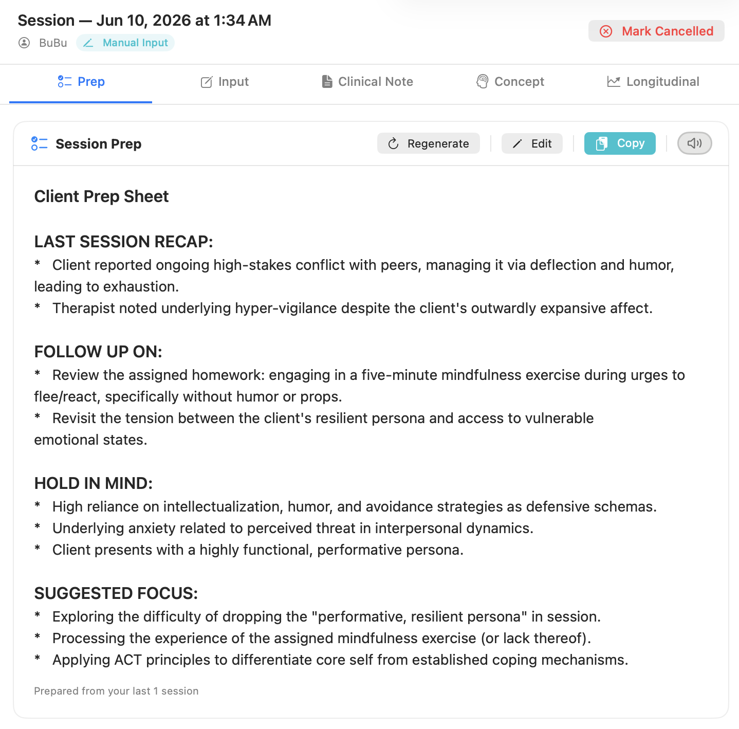 Session Prep sheet showing last session recap, follow-up items, and suggested focus for the next appointment